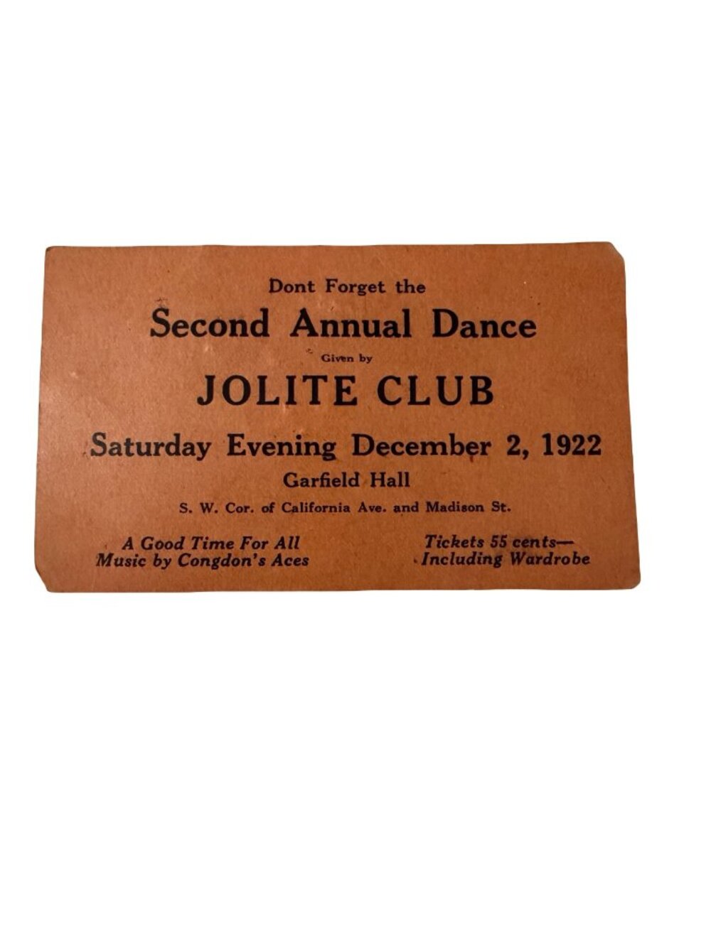 1922 Chicago Jolite Club Dance Card Garfield Hall Congdon's Aces Ephemera